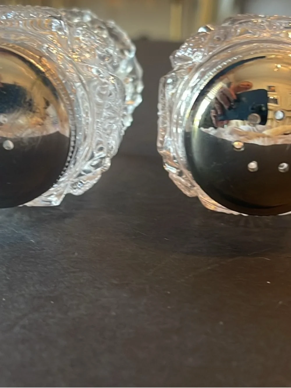 Vintage Cut Glass Salt and Pepper Shakers with Silver-Tone Caps